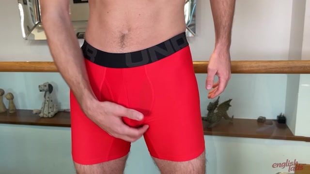 Straight Lad Models Tight Red Boxer Briefs Before Beating Off