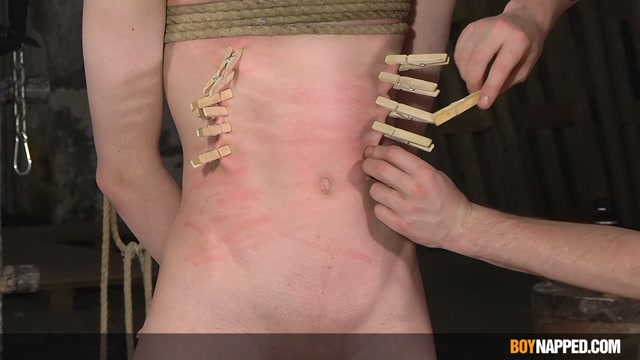 Bound Twink's Skin Clipped with Painful Clothes Pegs