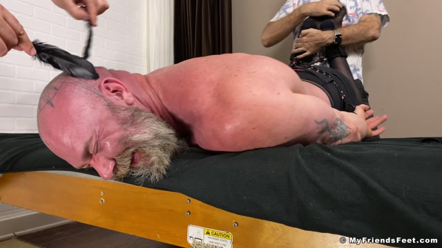 Bald Brute Tied Face Down for Tickling Session