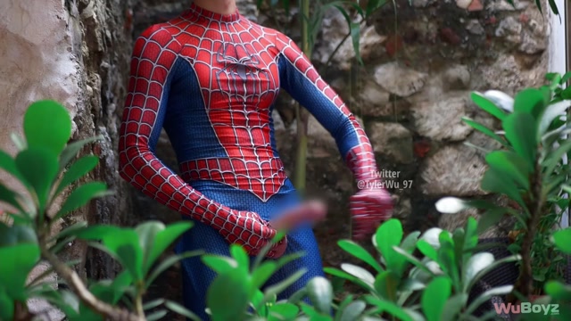 Asian Jock in Spiderman Suit Stretches His Foreskin