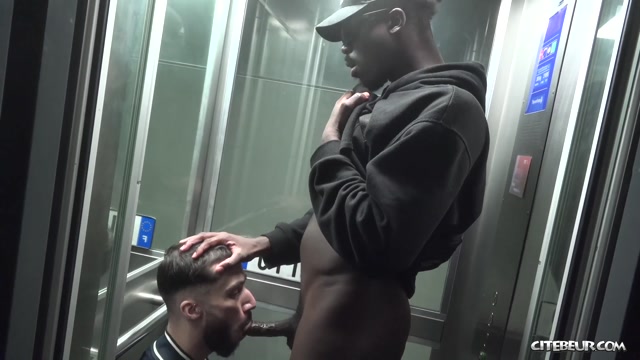 black man has obedient cocksucker on knees in elevator