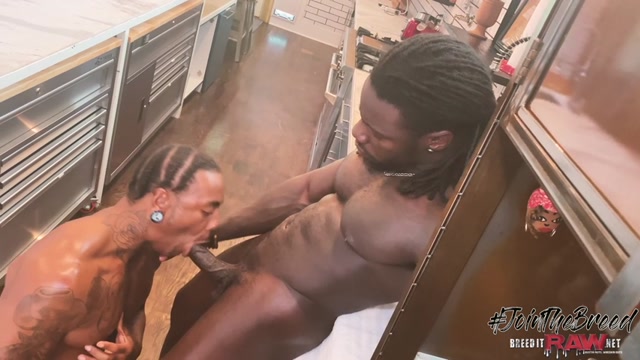 black hunk gets big veiny cock sucked in kitchen