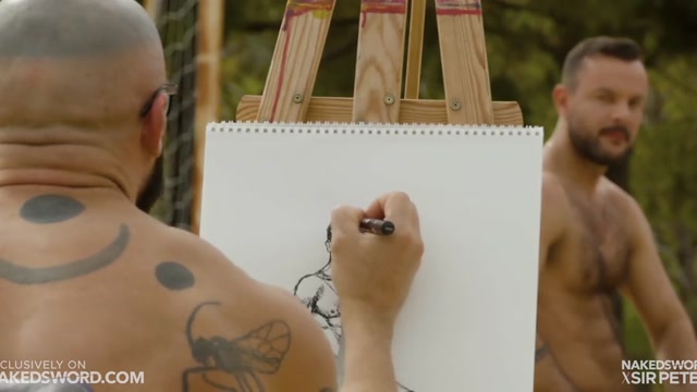 man sketches hung naked man outdoors then fucks him