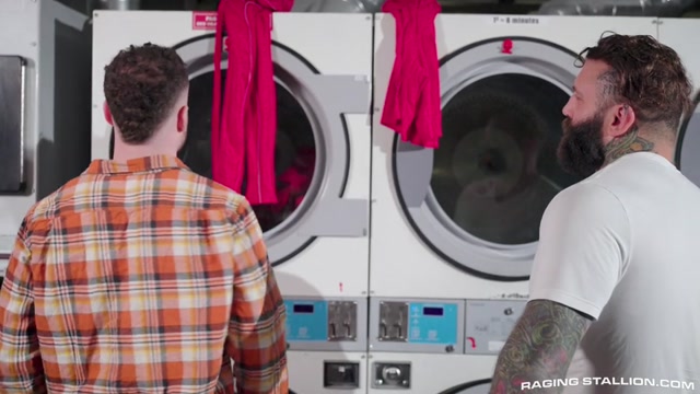 Hung Muscle Hunk Fucks Shorter Stranger in Public Laundromat