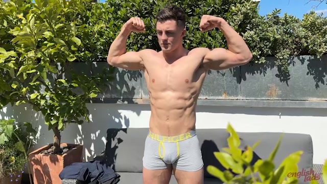 Handsome English Stud Flexes Huge Biceps Outside in Underwear