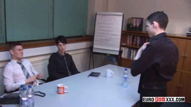 Bareback Twink Threesome in Boardroom