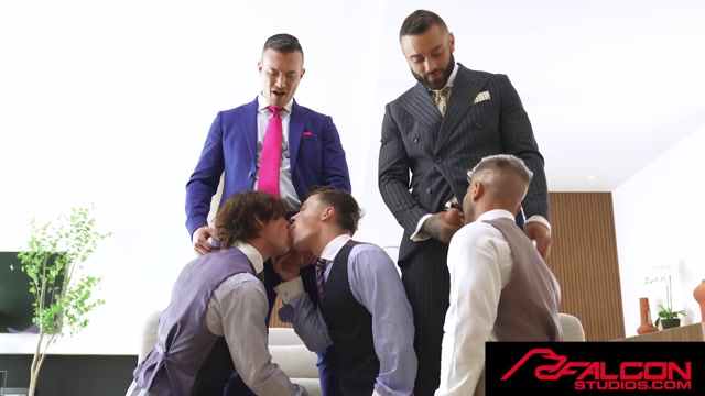 Trio of Bottoms Swallow Hung Businessmen's Cocks & Take Turns Being Pounded Out