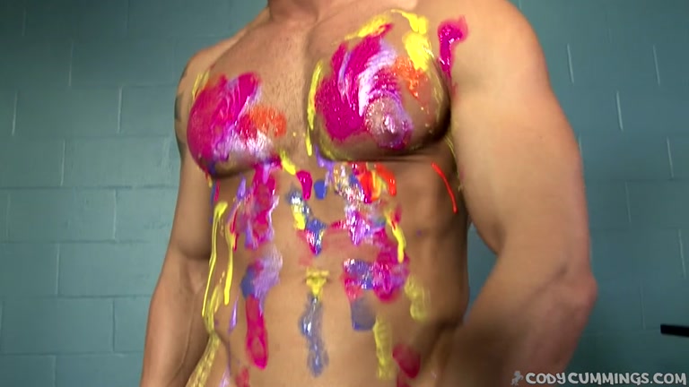 Muscle Stud Paints Himself and Strokes