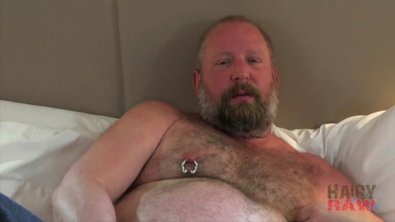 bearded daddy with huge belly stroking his cock