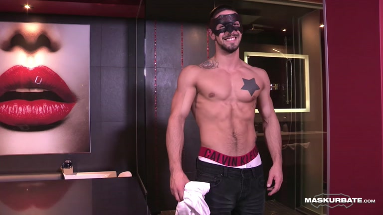 sexy ripped dude in mask jacks off