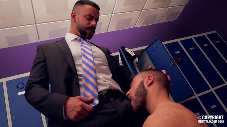 bearded executive gets fucked in his suit in locker room