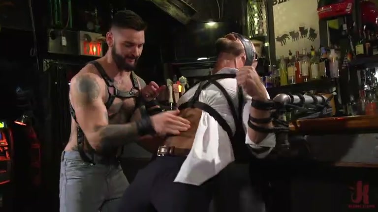 tatted bartender jumps a client and ties him up