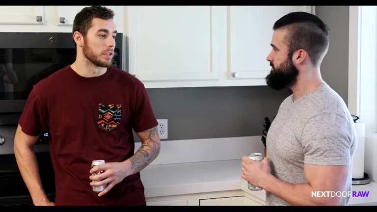 bearded hipster fucks a guy over his kitchen counter