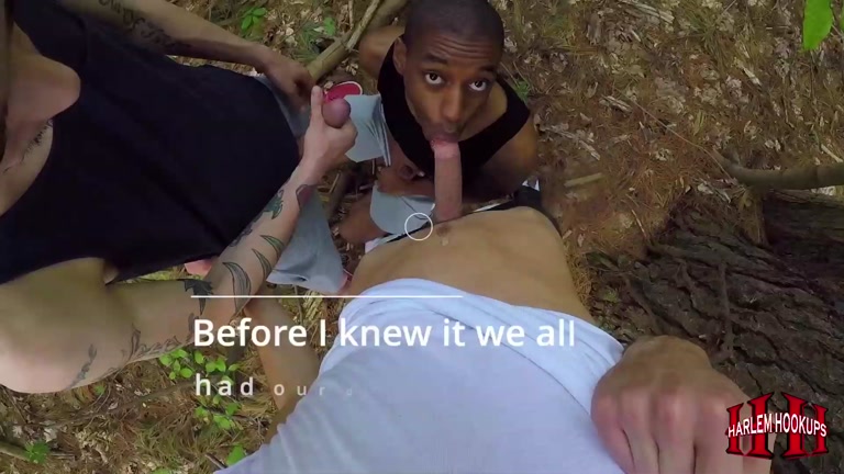 black guy gives two guys outdoor blowjobs