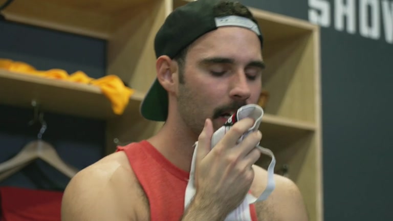 hairy baseball players catch guy sniffing jockstraps in locker room