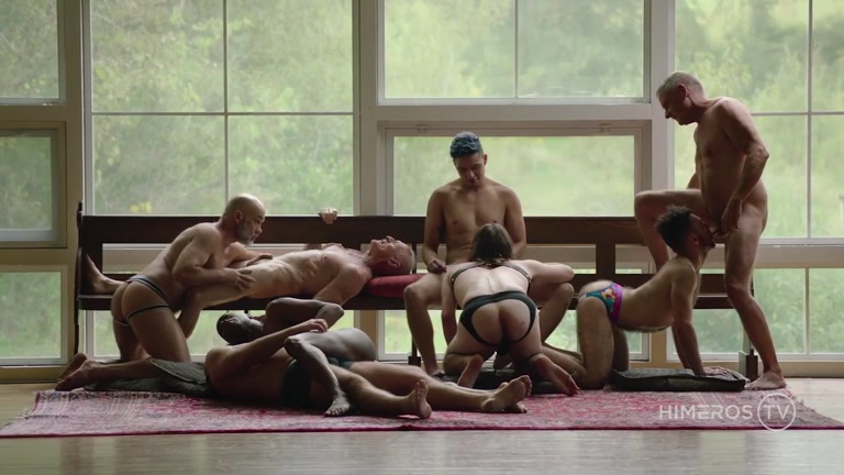 eight men play around duirng tantric retreat