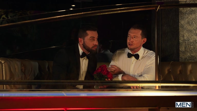 men in tuxedos celebrating their anniversary fuck the waiter