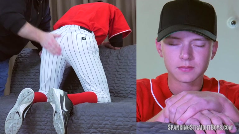 18-year-old straight lad gets spanked in his baseball uniform