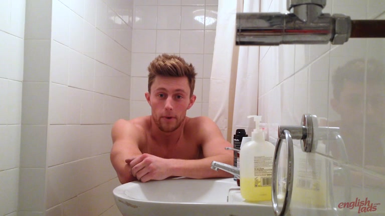 Athletic Guy Wanks Uncut Cock in the Shower 