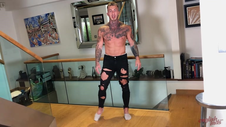 Blond Heavily Inked English Lad Strips Down to His Boxers