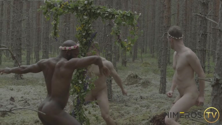 three studs cavorting naked outside in bizarre ritual