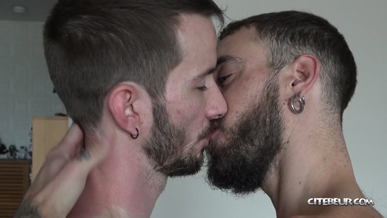 Bearded French Men Kiss Before One of Them Kneels & Sucks Cock