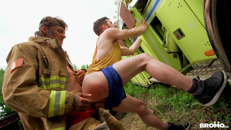 Fireman Leans Stud Against His Truck & Fucks His Ass