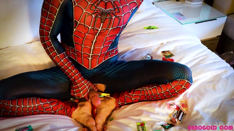 Jock in Spiderman Costume Plays with His Bare Feet