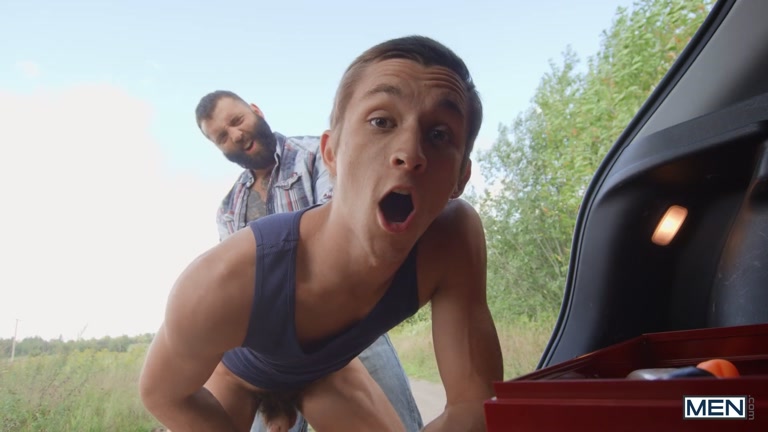 Hairy Mechanic Fucks Two Twinks at Side of Road