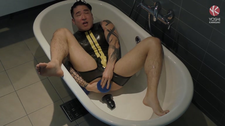 Japanese Butt Pig Fucks Himself with Massive Dildo in Bathtub