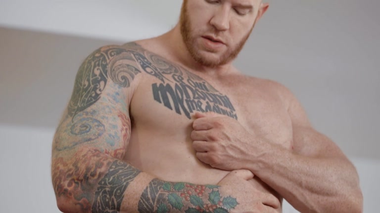 Ginger Muscle Hunk Plays with Nipples & Strokes His Cock