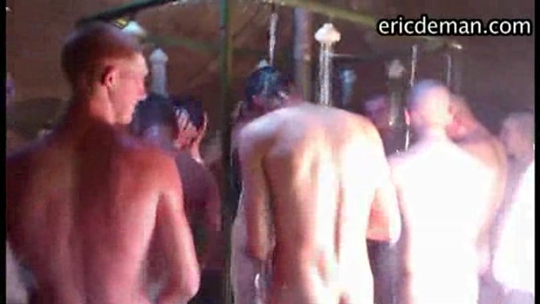 guys showering in Eastern European army camp