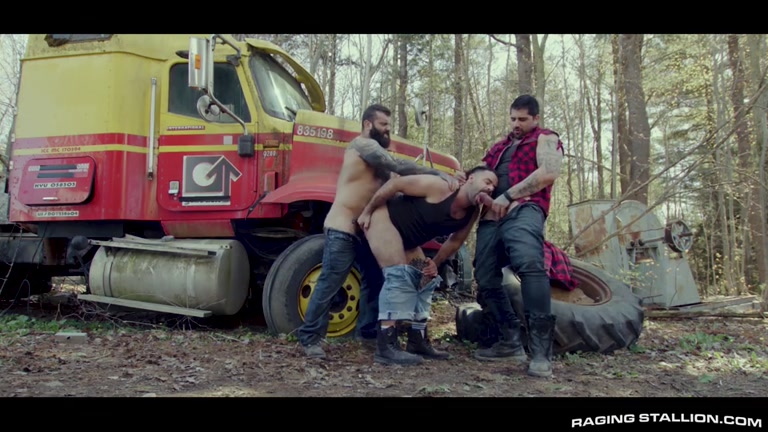 Burly Truck Drivers Force Hairy Man to His Knees