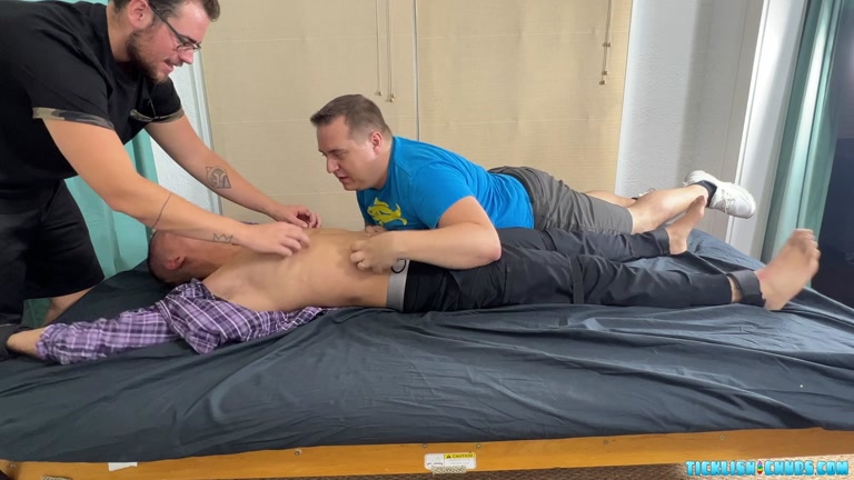 Two Chubs Tormenting Restrained Guy & Making Him Giggle