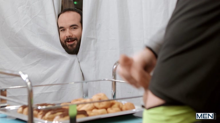 Bearded Man Spies on Twink Jacking Off on Plate of Donuts