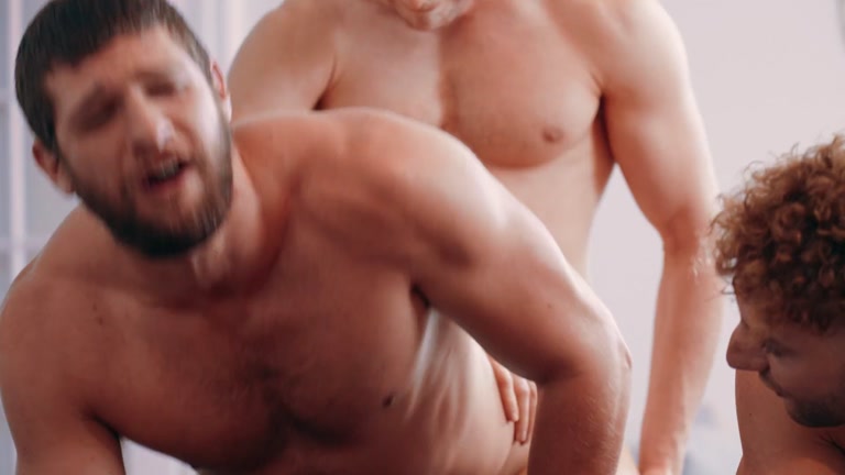 hot masseur fucks bearded hunk's ass while another fucks his mouth