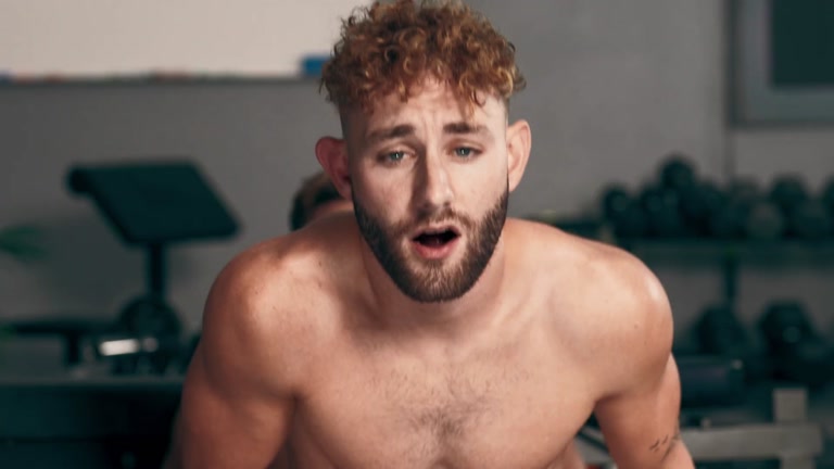 hunky trainer eats & fucks bearded jock's ass in gym