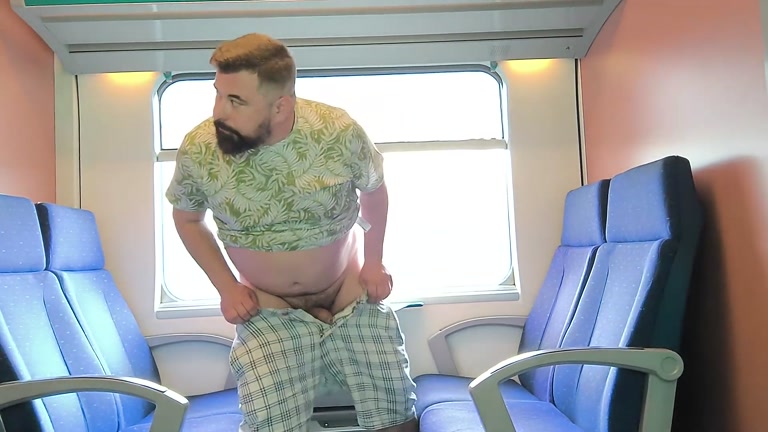 bear man jacks off in his train compartment