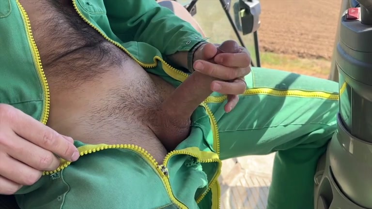 Hairy Man Caught Stroking His Giant Cock in Tractor