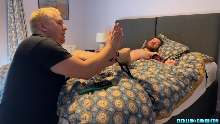 Lanky British Guy Tied Spread Eagle to Bed & Tickled by Bear Man