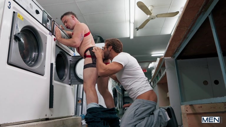 When Stud Bends Over Washing Machine, Hung Hunk Slides His Huge Cock in His Ass