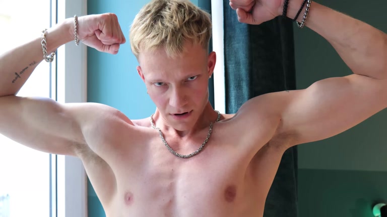Blond Russian Stud Flexes Biceps & Peels Off Sweatpants for Wank