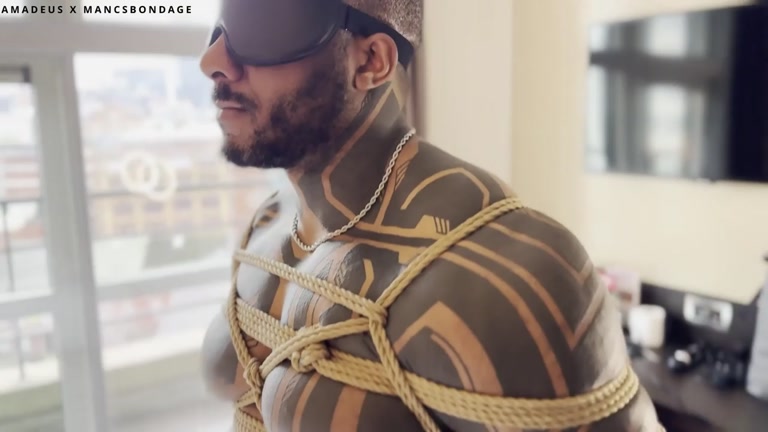 Inked Muscle Hunk Roped Up for Cock Edging