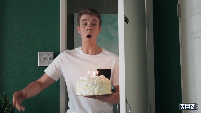 Birthday Boy's Wank Session Interrupted by Buddy with a Cake
