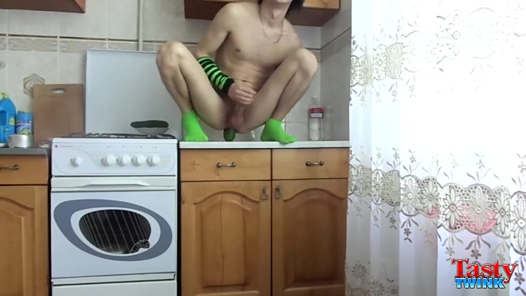 Twink in Green Socks Dildo Fucks Himself on Laundry Day
