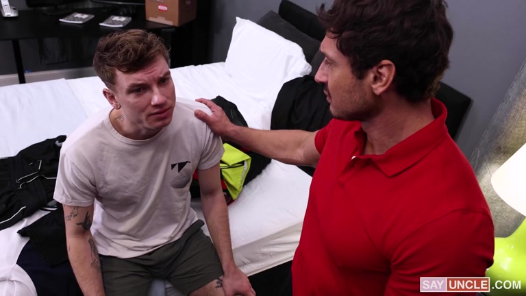 Man Beats His Cock Furiously While his Hung Stepson Fucks Him