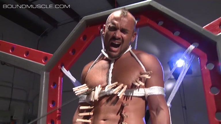 Masked Dom Torments Handsome Muscle Hunk with Clothes Pins