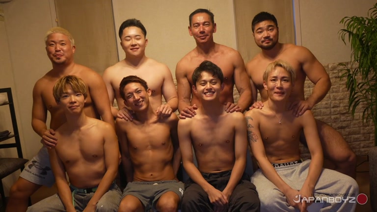 8 Japanese Studs Fucking in Group Sex Session