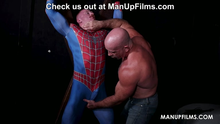 Bald Man Teases Bound Spiderman & Plays with his Cock