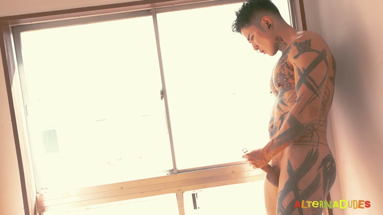 Tatted Japanese Stud Jerks Off in his Window